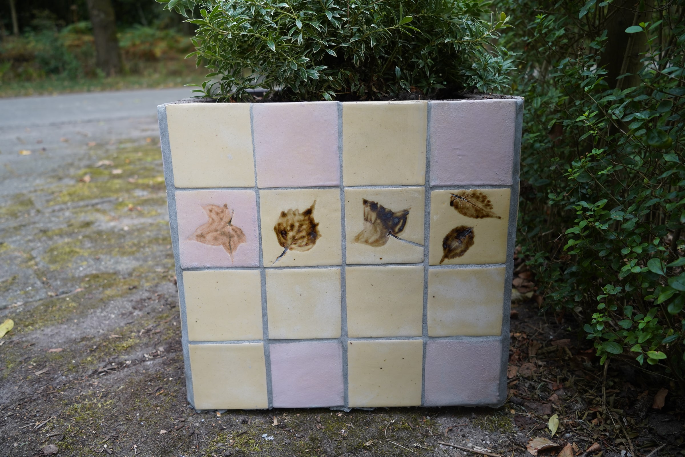 Detail of handmade ceramic tiles with botanical leaf impressions